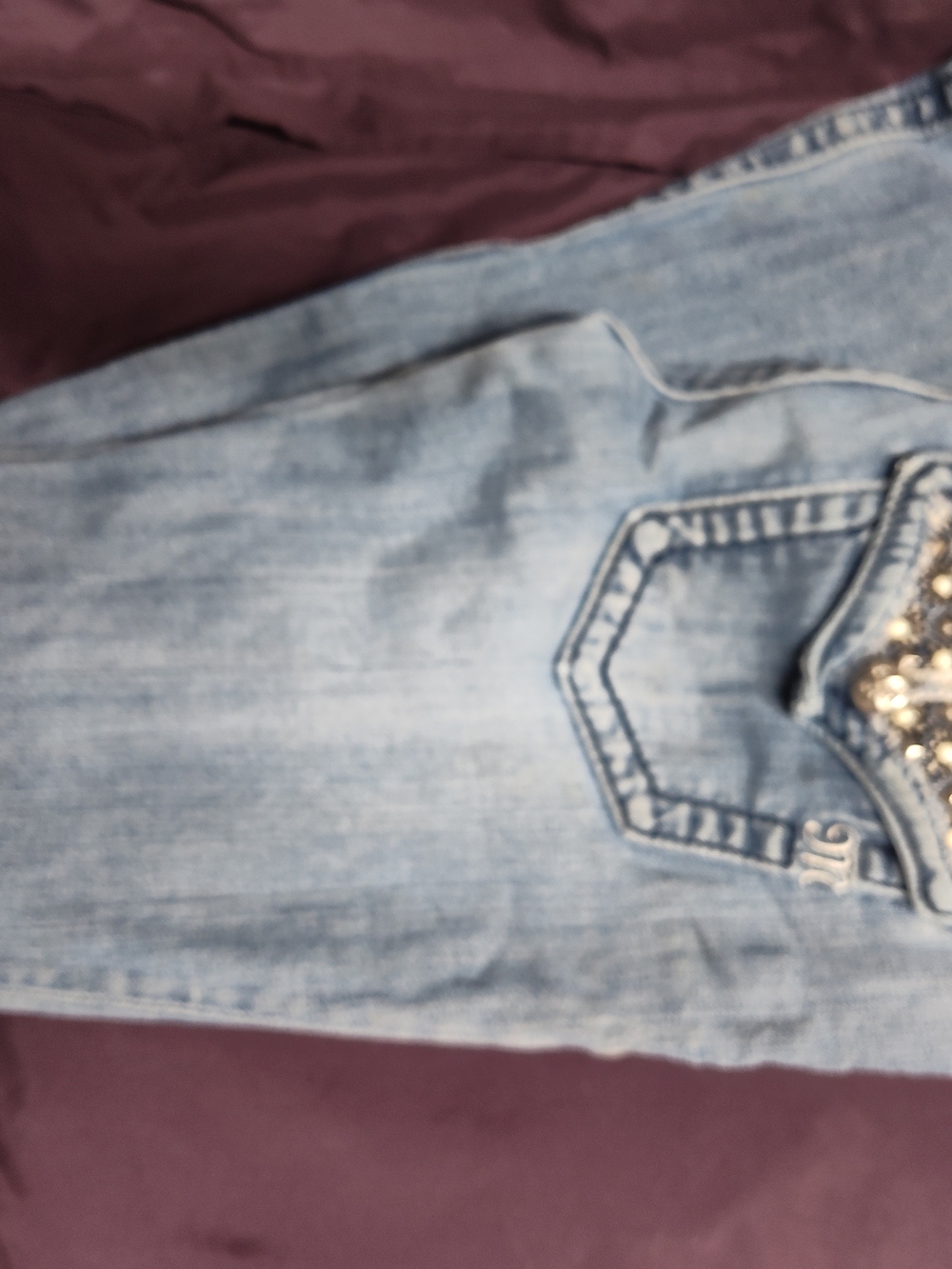 Buckle Light Blue Boot Cut Jeans with Embellished Pocket